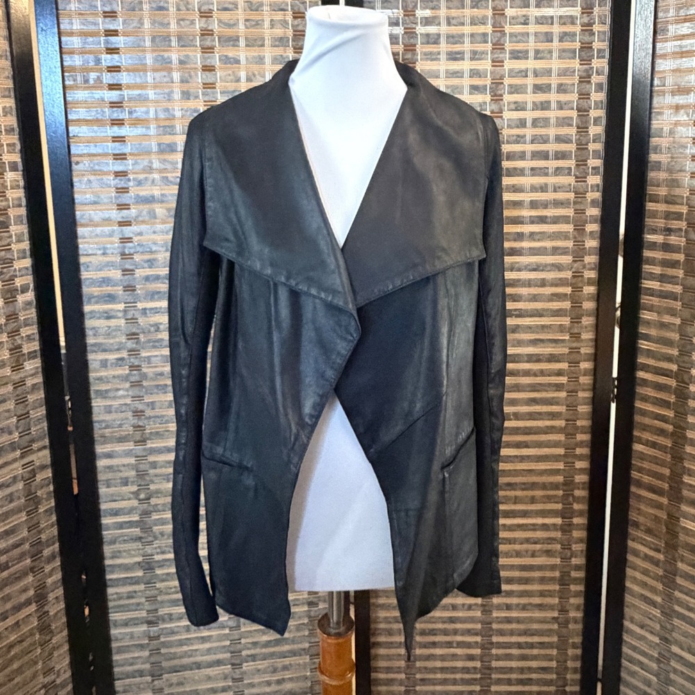 Mauritius Leather Jacket Women 10 Black Draped Open‎ Front Lambskin Moto Edgy